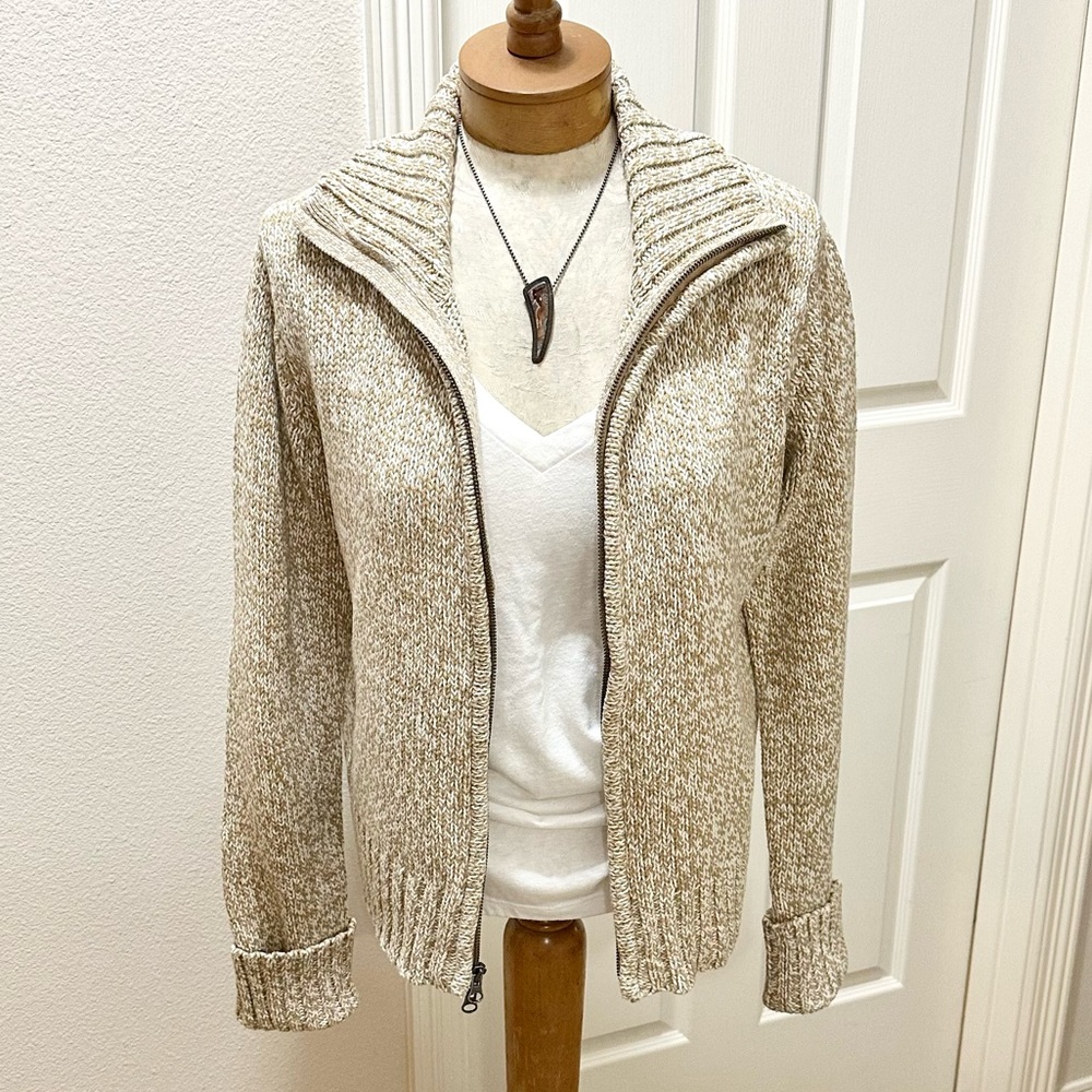 Vintage Gap Women’s Chunky Knit Sweater w/Full Zip Front, Marled Camel/White - L
